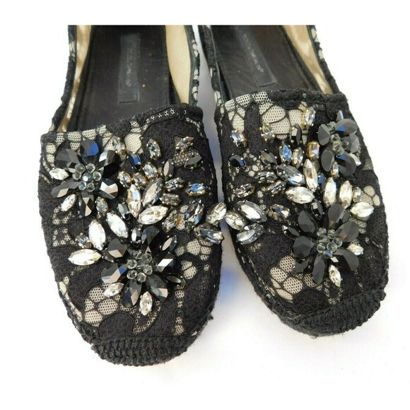 Espadrilles Dolce & Gabbana Black Embellished Crystal Lace Espadrille Flats SZ 6 - Picture 6 of 11